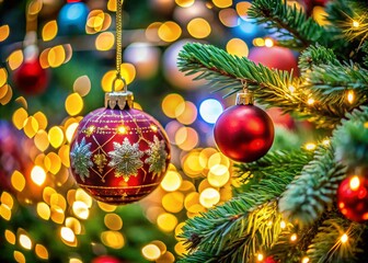 Captivating Decorative Ball Hanging on a Christmas Tree, Emphasizing the Rule of Thirds in a Festive Holiday Setting with Glowing Lights and Vibrant Ornaments