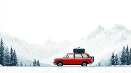 A car is driving on a winter road with luggage on the roof, a white background, and a large blank space on one side. This minimalist design is perfect for advertising or promotional materials.