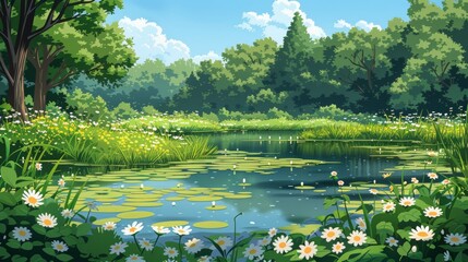 A serene pond surrounded by lush greenery and blooming flowers on a sunny day, inviting peaceful reflection and appreciation of nature's beauty