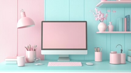 Home office supplies with pastel colors and decor items