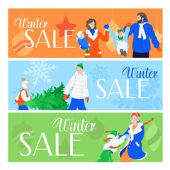 Winter sale banner template with snow flakes and forest, sale design Vector illustration