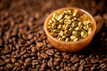Gold plated coffee. Macro detail shooting, special focus (Golden coffee)
