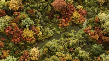 Fototapeta premium Aerial View of Vibrant Autumn Forest with Red, Orange, and Gold Foliage, Rivers, Clearings, and Wildlife in Ultra-Detailed Capture