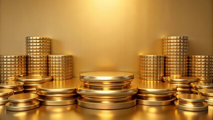 A golden podium with a smooth surface, surrounded by cylindrical stacks of gold coins against a gold backdrop, creating a luxurious and elegant display.