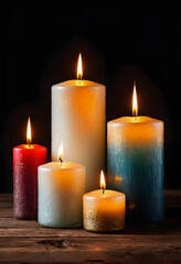 Conjunto de velas nuevas encendidas y con llama de fuego