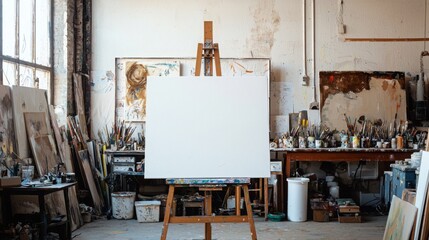 Blank Canvas on Easel in Artist Studio Creative Space Painting Supplies Art Supplies