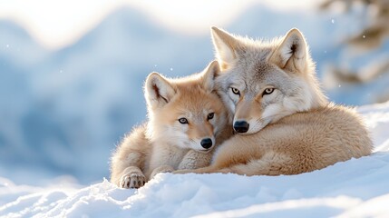 Fototapeta premium A heartwarming scene of a mother and her young fox cuddling together in a snowy landscape, showcasing their bond in a serene winter setting.