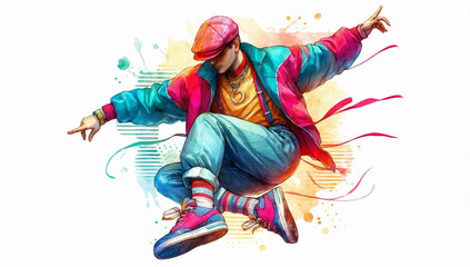 Illustration of a young street dancer in stylish 80s and 90s clothes, white background