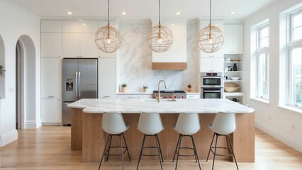 Stylish and Functional Kitchen Design with Warm Wood Tones and Pendant Lighting