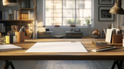 Desk with blank papers and tools in minimal space