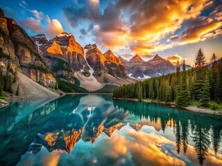 Captivating Double Exposure of Golden Sunrise Over Moraine Lake and the Majestic Canadian Rockies in Canada for Nature Lovers and Photography Enthusiasts
