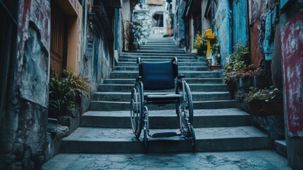 Fototapeta premium Empty wheelchair bottom staircase challenges barriers disability urban environment accessibility
