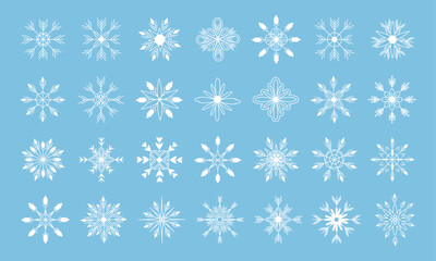 Set of snowflakes in line art. Underline. New Year and holiday. Stroke. Scribbles. Xmas. Sparks and glows. Shapes and elements. Ornament and pattern. Template. Isolated. Doodle and hand drawn. Vector