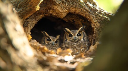 Obraz premium Enchanting Forest Dwelling: Owls Nestled in Tree Hollows Amidst Lush Foliage - Ultra-Detailed Wildlife Scene