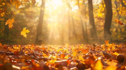Enchanting Autumn Forest Scene with Squirrels Gathering Acorns - Vibrant Nature Landscape with Colorful Foliage and Sunlight Filtering Through Branches