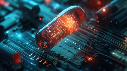 Digital capsules circuit board represents computational drug discovery