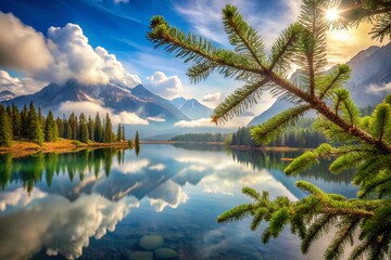 Obraz premium Captivating Double Exposure Photography of a Spruce Branch Merged with a Scenic Landscape, Creating a Dreamlike Effect of Nature's Beauty and Serenity