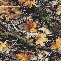 Mossy Maple Tree Autumn Foliage Branches and Leaves Hunting Camo, Seamless Camouflage Pattern Texture	