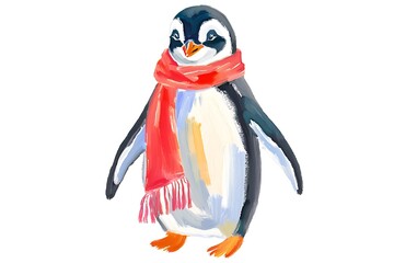 Fototapeta premium Watercolor illustration of a penguin tie a red scarf white background