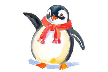 Obraz premium Watercolor illustration of a penguin tie a red scarf white background