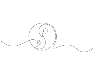 Continuous one line drawing of yin yang symbol. One line drawing illustration of yin yang. Spiritual, meditation, balance concept single line. Editable outline