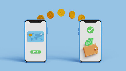 Sending and receiving funds using smartphone app. P2P transactions online banking payments and money transfer concept. Sending money via mobile banking app. 3D illustration