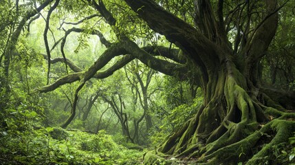 Obraz premium Enchanting Ancient Forest: Majestic Trees Creating a Natural Cathedral of Tranquility and Beauty