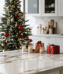 Luxury white marble kitchen tabletop with Christmas tree, candles, gifts and copy space