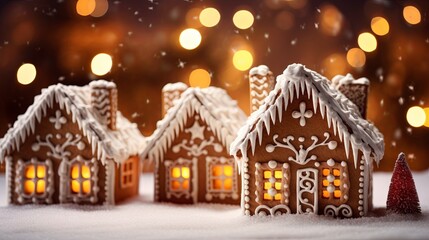 Obraz premium Original atmospheric composition of gingerbread houses, painted with white glaze on white fluffy snow on a festive background with bokeh. The concept of traditional Christmas baking