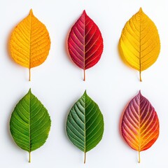 Obraz premium Colorful autumn leaves arranged on a white background, showcasing vibrant fall colors and unique shapes.