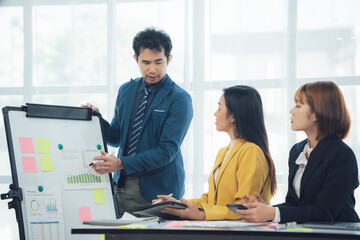 Business Meeting: Strategy & Collaboration:  A team of professionals engaged in a collaborative discussion, focusing on a whiteboard filled with strategic data and insightful notes.
