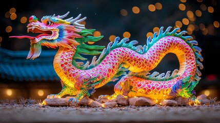 Fototapeta premium A vibrant Chinese dragon sculpture, glowing in festive colors, symbolizing prosperity and good fortune for Lunar New Year.