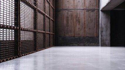 Empty industrial room with metal mesh walls and concrete floor