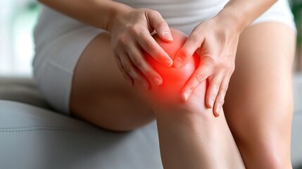 Fototapeta premium A person experiencing knee pain, holding their knee with a red highlight