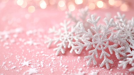 Sparkling snowflakes on soft pink background create warm Christmas atmosphere, evoking feelings of joy and celebration