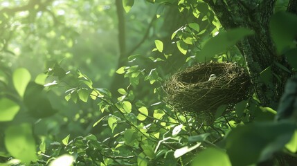 Serene Forest Awakening: Bird's Nest Among Budding Leaves in Tranquil Nature Scene