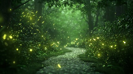 Twilight Enchantment: Luminous Fireflies Lighting Forest Path in Serene Dusk Landscape