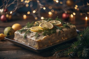 Fototapeta premium Traditional Norwegian fiskepudding, decorated with lemon slices and fresh dill, set against a festive backdrop, popular during holiday gatherings in Norway.