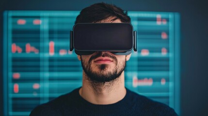 man wearing virtual reality goggles, immersed in technology and data analysis. background features digital graphs and stock information, highlighting modern tech use