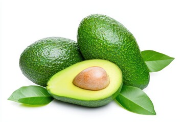 Fresh avocados with one cut open, showcasing creamy texture and green color, on a white isolated background.