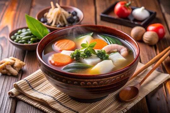 Traditional Japanese ozoni soup with tofu, vegetables, and herbs in a decorative bowl, symbolizing New Year celebrations and Japanese culinary heritage.