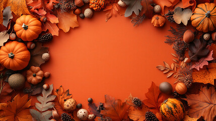 Obraz premium Modern autumn background featuring pumpkins and colorful leaves creating a frame on an orange background