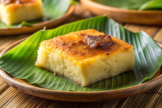 Philippine bibingka rice cake served on a banana leaf, baked to a golden crust. A traditional dessert symbolizing Filipino culture and festive celebrations.