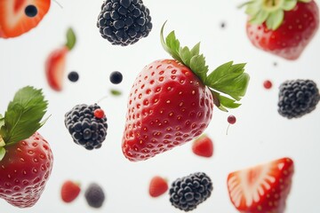 Fresh strawberries and blackberries floating against a white background.