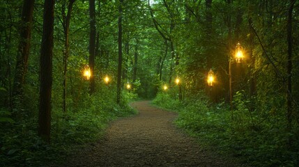 Obraz premium Serene Forest Path at Dusk with Lanterns Illuminating the Way for Exploration | Ultra-Detailed Nature Scene Photography