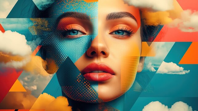 Colorful abstract portrait of a woman with clouds and geometric patterns