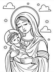 Cute Mother Mary with Baby Jesus. Printable Cartoon Coloring Pages.