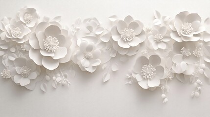 A horizontal arrangement of white paper flowers and leaves against a white background, creating a delicate and elegant floral design.