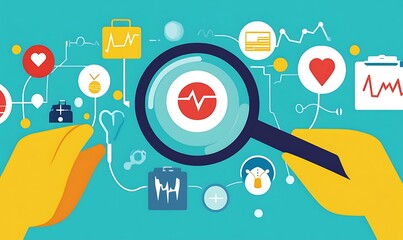 Illustration of healthcare concepts with a magnifying glass and various medical symbols.