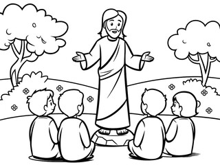 Cute Jesus Preaches and Teaches Children. Printable Cartoon Coloring Pages.